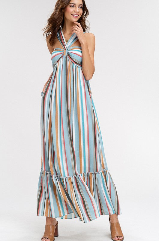 Striped Halter Maxi Dress - Emerald ...